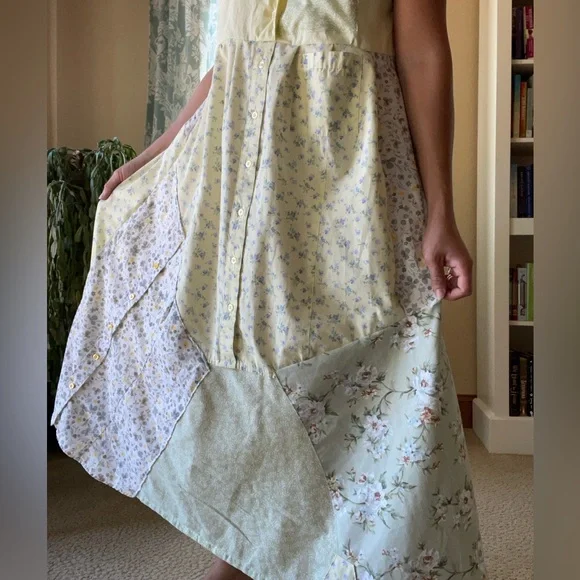 Handmade yellow and green patchwork Cottagecore cotton dress - Picture 3 of 12
